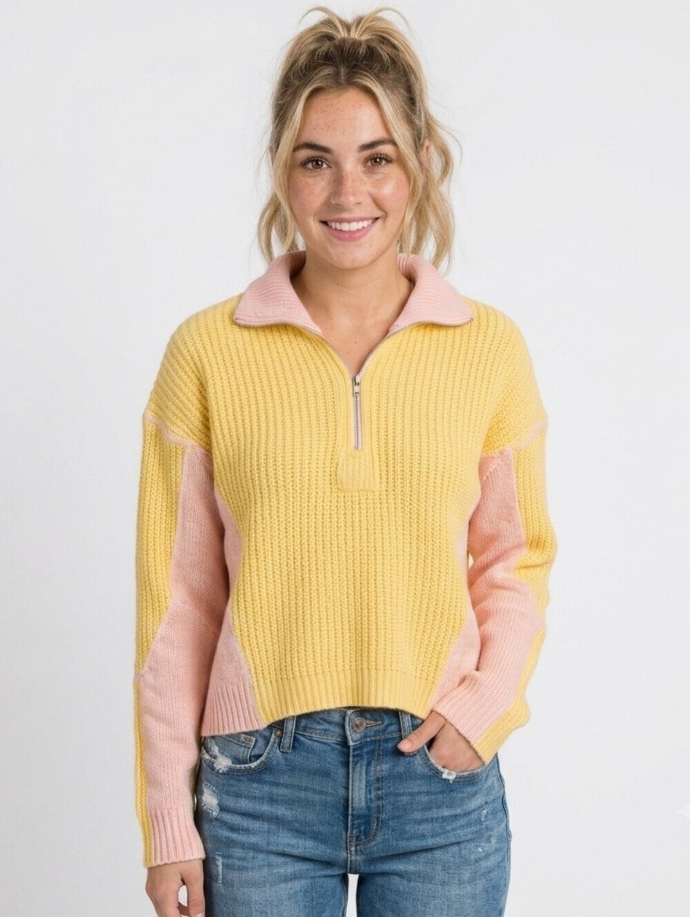 RE/DONE Colorblock Half-Zip Ribbed Knit Sweater Yellow Pink XS